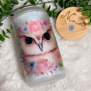 Owl Glass Coffee Cup, Owl Cute Glass Iced Coffee Cup with Bamboo Lid and Straw, Iced Coffee Glass, Gift for Friend, Aesthetic, 16oz