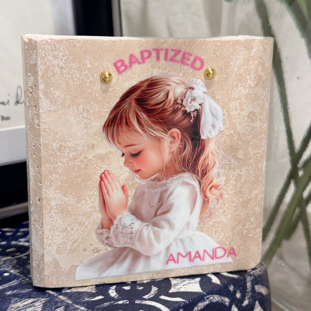 Personalized Baptism Gift Girl, Natural Travertine Stone Christening Gifts, Baptism Gifts for Goddaughter, Unique Baptism Gift Baby Idea