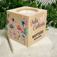Load image into Gallery viewer, Baby Shower Girl Favors, Handmade Wooden Candle Holder, Personalized Tealight Holder, Baptism Candle Favor, Confirmation, Christening Favors
