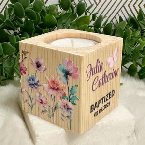 Baby Shower Girl Favors, Handmade Wooden Candle Holder, Personalized Tealight Holder, Baptism Candle Favor, Confirmation, Christening Favors