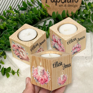 Baby Shower Favors, Handmade Wooden Candle Holder, Personalized Tealight Holder, Baptism Candle Favor, Confirmation, Christening Favors