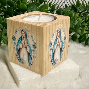 Baby Shower Virgin Mary Favors, Handmade Wooden Candle Holder, Personalized Tealight Holder, Baptism Candle Favor, Confirmation, Christening Favors