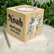 Load image into Gallery viewer, Baby Shower Favors, Handmade Wooden Candle Holder, Personalized Tealight Holder, Baptism Candle Favor, Confirmation, Christening Favors
