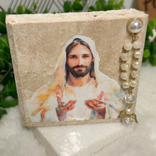 Load image into Gallery viewer, Personalized Baptism Gift Jesus, Natural Travertine Stone Christening Gifts, Baptism Gifts for Goddaughter, Unique Baptism Gift Baby Idea

