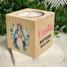 Load image into Gallery viewer, Baby Shower Virgin Mary Favors, Handmade Wooden Candle Holder, Personalized Tealight Holder, Baptism Candle Favor, Confirmation, Christening Favors
