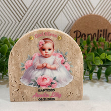 Load image into Gallery viewer, Personalized Baptism Gift Girl, Arch Natural Travertine Stone Christening Gifts, Baptism Gifts for Goddaughter, Unique Baptism Gift Baby Idea
