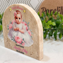 Load image into Gallery viewer, Personalized Baptism Gift Girl, Arch Natural Travertine Stone Christening Gifts, Baptism Gifts for Goddaughter, Unique Baptism Gift Baby Idea
