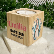 Load image into Gallery viewer, Baby Shower Virgin Mary Favors, Handmade Wooden Candle Holder, Personalized Tealight Holder, Baptism Candle Favor, Confirmation, Christening Favors
