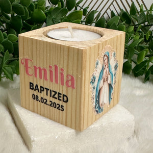 Baby Shower Virgin Mary Favors, Handmade Wooden Candle Holder, Personalized Tealight Holder, Baptism Candle Favor, Confirmation, Christening Favors