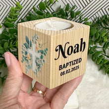 Load image into Gallery viewer, Baby Shower Favors, Handmade Wooden Candle Holder, Personalized Tealight Holder, Baptism Candle Favor, Confirmation, Christening Favors
