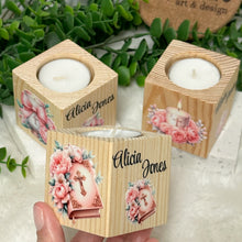 Load image into Gallery viewer, Baby Shower Favors, Handmade Wooden Candle Holder, Personalized Tealight Holder, Baptism Candle Favor, Confirmation, Christening Favors
