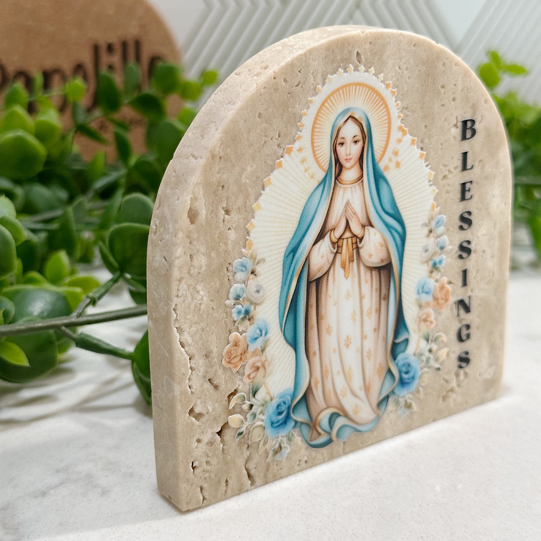 Virgin Mary Baptism Gift, Arch Natural Travertine Stone Christening Gifts, Baptism Gifts for Goddaughter, Unique Baptism Gift Baby Idea