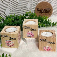 Load image into Gallery viewer, Baby Shower Favors, Handmade Wooden Candle Holder, Personalized Tealight Holder, Baptism Candle Favor, Confirmation, Christening Favors
