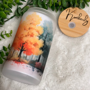 Trees Watercolor Coffee Cup, Multicolors Trees Glass Iced Coffee Cup with Bamboo Lid and Straw, Iced Coffee Glass, Gift Friend, Aesthetic 16oz