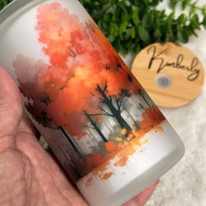 Trees Watercolor Coffee Cup, Multicolors Trees Glass Iced Coffee Cup with Bamboo Lid and Straw, Iced Coffee Glass, Gift Friend, Aesthetic 16oz