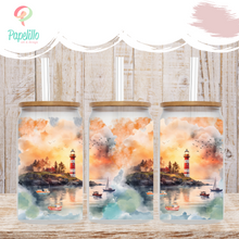Load image into Gallery viewer, Lighthouse Sunset Watercolor Glass Iced Coffee Cup with Bamboo Lid and Straw, Iced Coffee Glass, Gift for Friend, Coffee Aesthetic 16oz
