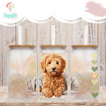 Load image into Gallery viewer, Golden Doodle Glass Iced Coffee Cup with Bamboo Lid and Straw, Puppy Iced Coffee Glass, Gift for Friend, Cute Dog Coffee Aesthetic 16oz
