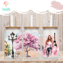 Load image into Gallery viewer, Paris Fashion Girl Glass Iced Coffee Cup with Bamboo Lid and Straw, Iced Coffee Glass, Gift for Friend, Blossom Girl Coffee Aesthetic
