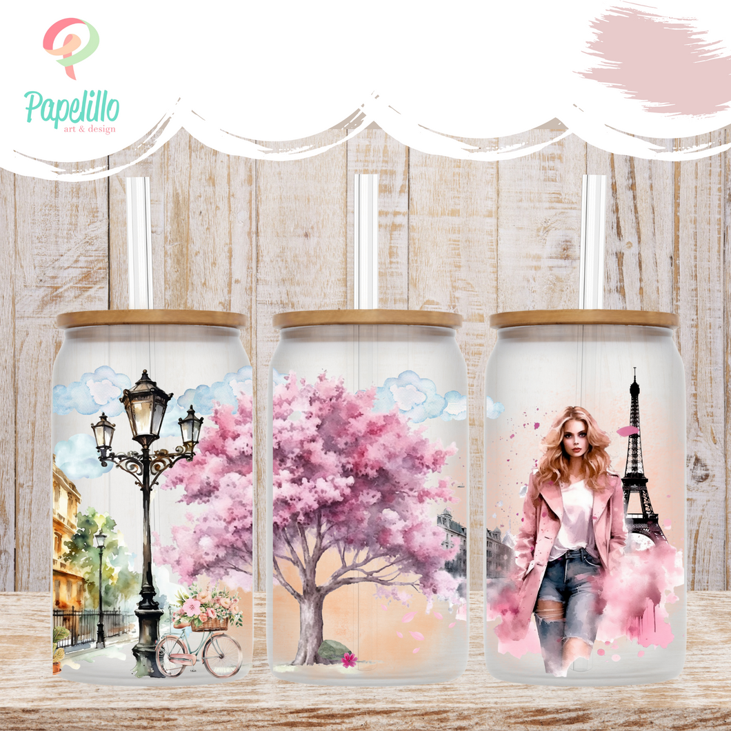 Paris Fashion Girl Glass Iced Coffee Cup with Bamboo Lid and Straw, Iced Coffee Glass, Gift for Friend, Blossom Girl Coffee Aesthetic