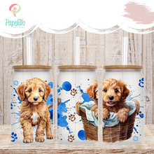 Load image into Gallery viewer, Golden Doodle Glass Iced Coffee Cup with Bamboo Lid and Straw, Puppy Iced Coffee Glass, Gift for Friend, Cute Dog Coffee Aesthetic 16oz
