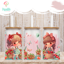 Load image into Gallery viewer, Strawberry Girl Glass Can, Glass Iced Coffee Cup with Bamboo Lid and Straw, Iced Coffee Glass Can, Gift for Friend, Coffee Aesthetic 16oz
