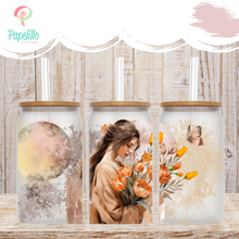 Load image into Gallery viewer, Girl Flower Glass Iced Coffee Cup with Bamboo Lid and Straw, Iced Coffee Glass, Gift for Friend, Coffee Aesthetic 16oz
