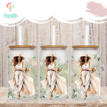 Load image into Gallery viewer, Girl Flower Glass Iced Coffee Cup with Bamboo Lid and Straw, Iced Coffee Glass, Gift for Friend, Coffee Aesthetic 16oz
