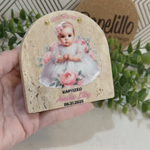 Load and play video in Gallery viewer, Personalized Baptism Gift Girl, Arch Natural Travertine Stone Christening Gifts, Baptism Gifts for Goddaughter, Unique Baptism Gift Baby Idea
