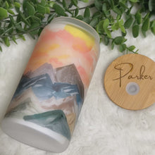 Load and play video in Gallery viewer, Sunset Coffee Cup, Sunset Mountain Glass Iced Coffee Cup with Bamboo Lid and Straw, Iced Coffee Glass, Gift for Friend, Aesthetic 16oz
