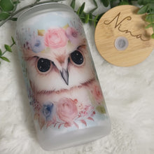 Load and play video in Gallery viewer, Owl Glass Coffee Cup, Owl Cute Glass Iced Coffee Cup with Bamboo Lid and Straw, Iced Coffee Glass, Gift for Friend, Aesthetic, 16oz
