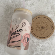 Load and play video in Gallery viewer, Boho Glass Coffee Cup, Pink Flower Glass Coffee Cup with Bamboo Lid and Straw, Iced Coffee Frosted Glass, Gift for Friend, Aesthetic UV DTF 16oz
