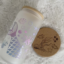 Load and play video in Gallery viewer, Mermaid Glass Coffee Cup, Sea mermaid Glass Coffee Cup with Bamboo Lid and Straw, Iced Coffee Frosted Glass, Gift Friend, Aesthetic UV DTF 16oz
