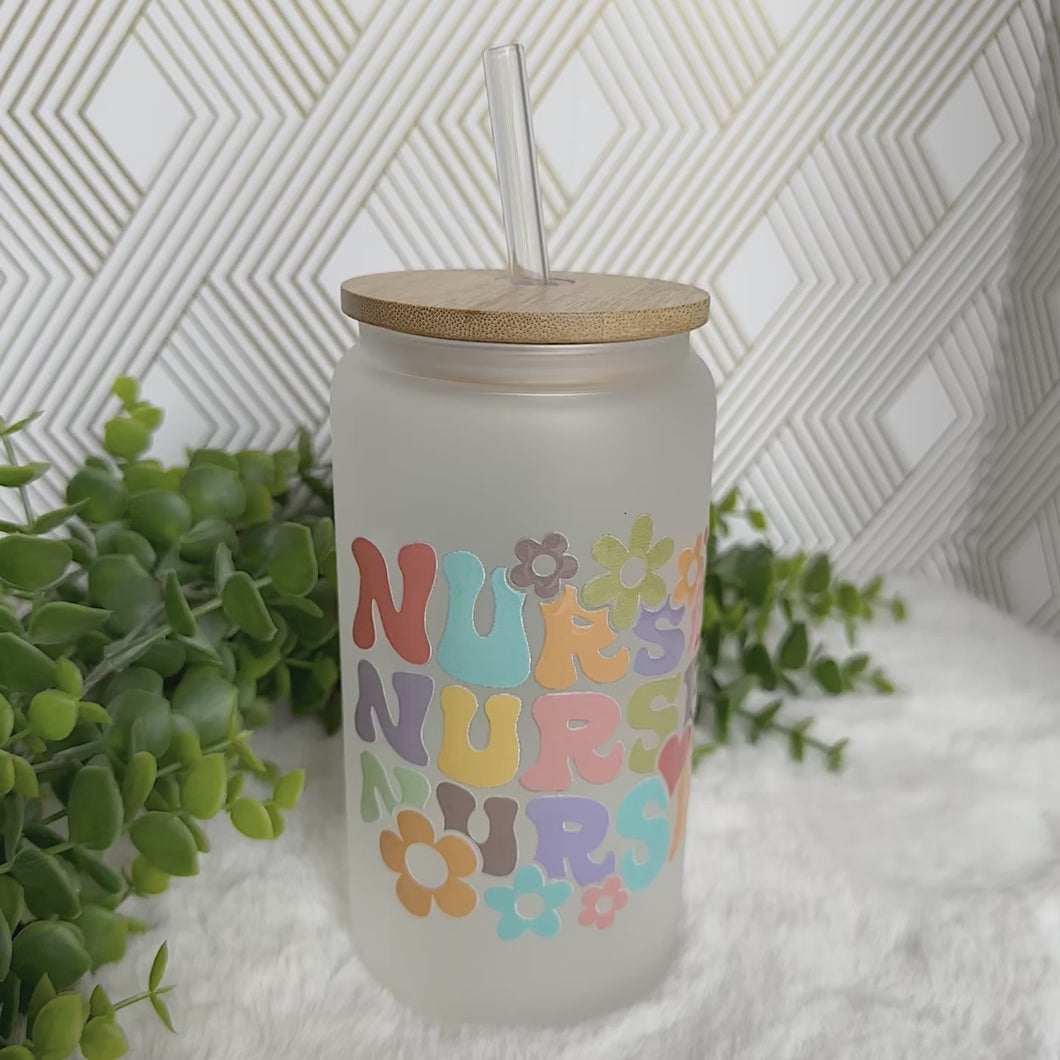 Nurse Groove Glass Coffee Cup, Nurse Glass Iced Coffee Cup with Bamboo Lid and Straw, Iced Coffee Glass, Gift Friend, Aesthetic UV DTF 16oz