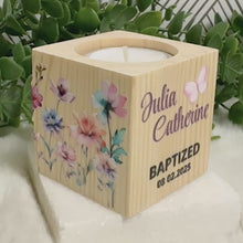 Load and play video in Gallery viewer, Baby Shower Girl Favors, Handmade Wooden Candle Holder, Personalized Tealight Holder, Baptism Candle Favor, Confirmation, Christening Favors
