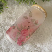 Load and play video in Gallery viewer, Pink Peonies Coffee Cup, Pink Floral Glass Iced Coffee Cup with Bamboo Lid and Straw, Iced Coffee Glass, Gift for Friend, Aesthetic
