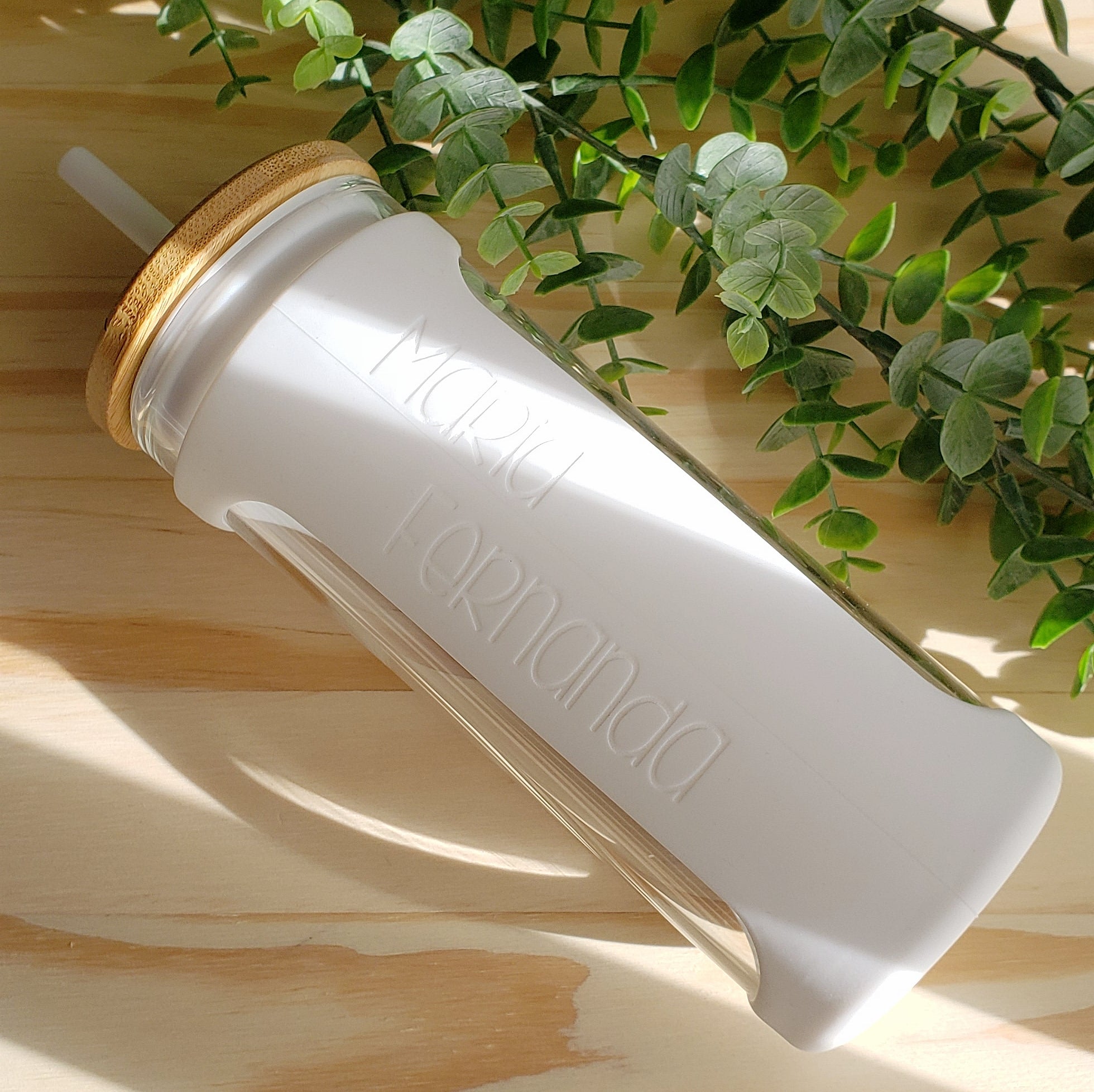 Glass Tumbler With Silicone Sleeve Bamboo Straw and Lid Engraved