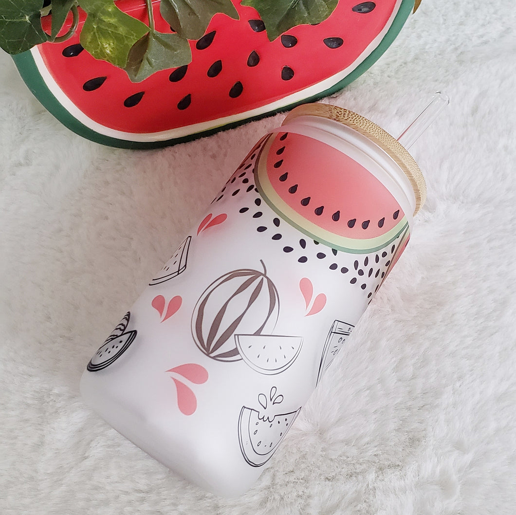 Watermelon Glass Coffee Cup, Fruit Glass Iced Coffee Cup with Bamboo Lid and Straw, Iced Coffee Glass, Gift for Friend, Coffee Aesthetic 16oz
