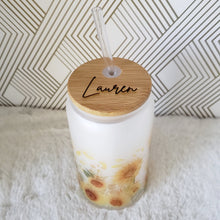 Load image into Gallery viewer, Sunflower Glass Coffee Cup, Sunflower Glass Iced Coffee Cup with Bamboo Lid and Straw, Iced Coffee Glass, Gift for Friend, Coffee Aesthetic
