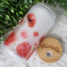 Load image into Gallery viewer, Red Floral Glass Coffee Cup, Garden Glass Iced Coffee Cup with Bamboo Lid and Straw, Iced Coffee Glass, Gift for Friend, Coffee Aesthetic
