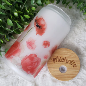 Red Floral Glass Coffee Cup, Garden Glass Iced Coffee Cup with Bamboo Lid and Straw, Iced Coffee Glass, Gift for Friend, Coffee Aesthetic