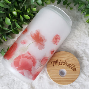 Red Floral Glass Coffee Cup, Garden Glass Iced Coffee Cup with Bamboo Lid and Straw, Iced Coffee Glass, Gift for Friend, Coffee Aesthetic