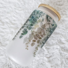 Load image into Gallery viewer, Eucalyptu Glass Coffee Cup, Eucalyptus Glass Iced Coffee Cup with Bamboo Lid and Straw, Iced Coffee Glass, Gift for Friend, Coffee Aesthetic
