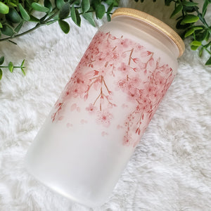 Cherry Blossom Glass Coffee Cup, Cherry Blossom Glass Iced Coffee Cup with Bamboo Lid and Straw, Gift for Friend, Coffee Aesthetic