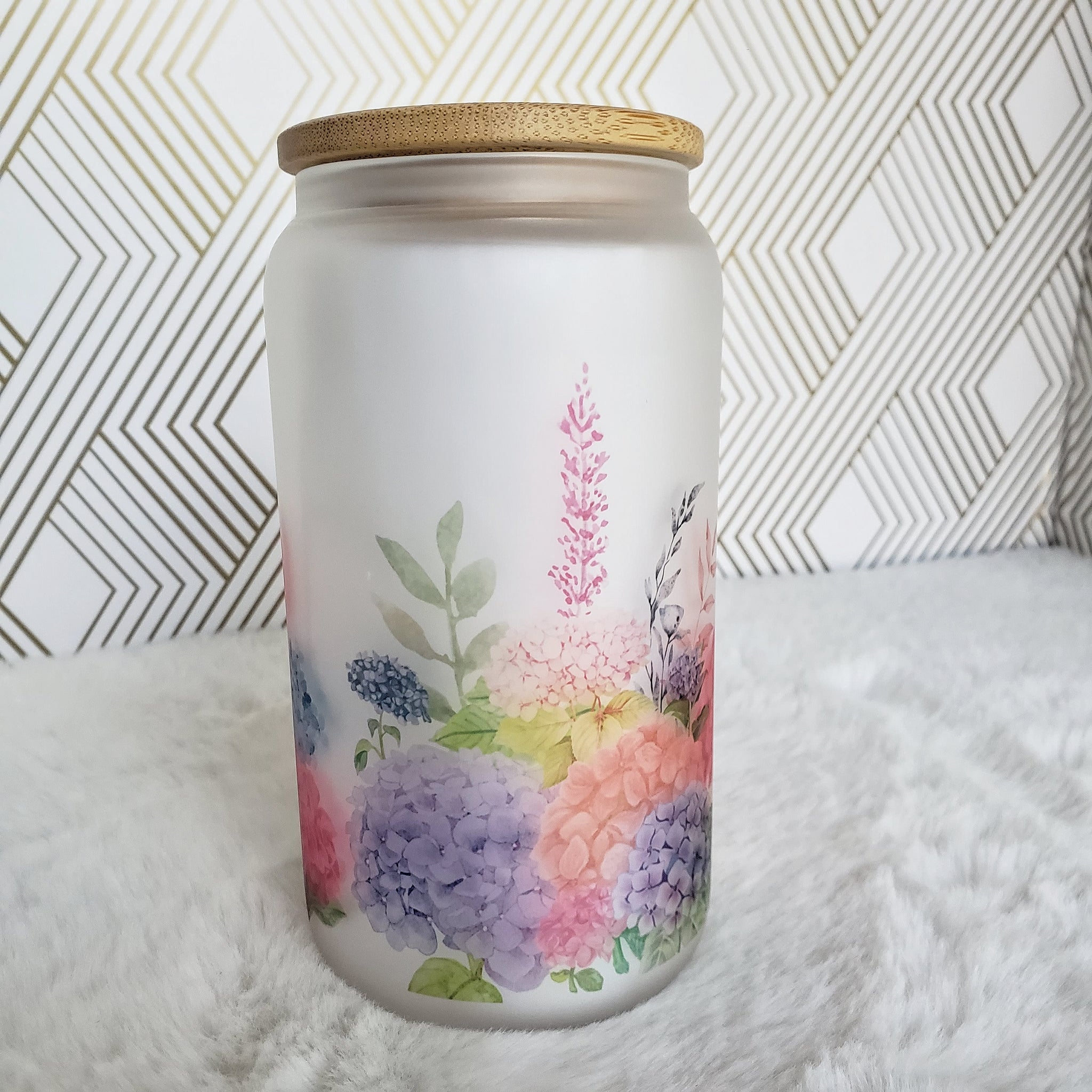 Floral Glass Coffee Cup, Hydrangea Garden Glass Iced Coffee Cup