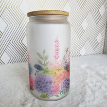 Load image into Gallery viewer, Floral Glass Coffee Cup, Hydrangea Glass Iced Coffee Cup with Bamboo Lid and Straw, Iced Coffee Glass, Gift for Friend, Coffee Aesthetic
