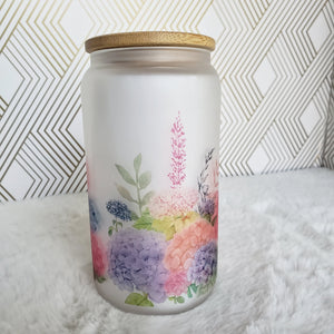 Floral Glass Coffee Cup, Hydrangea Glass Iced Coffee Cup with Bamboo Lid and Straw, Iced Coffee Glass, Gift for Friend, Coffee Aesthetic