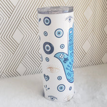 Load image into Gallery viewer, Turkish Evil Eye Tumbler, Hamsa Hand Skinny Tumbler, Stainless Steel, Drinking Cups, Birthday Gift, Vacation Girls, Trip Bachelorette, 20oz

