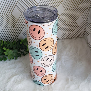 Retro Happy Smile Face Tumbler, Insulated Cup, Drinking Cups Personalized, Groovy Party Custom 20oz Tumbler Hot Cold Drinks, Stainless Steel