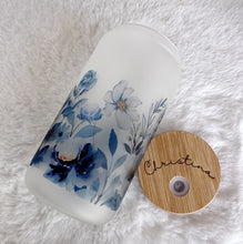 Load image into Gallery viewer, Floral Glass Coffee Cup, Blue Floral Glass Iced Coffee Cup with Bamboo Lid and Straw, Iced Coffee Glass, Gift for Friend, Coffee Aesthetic
