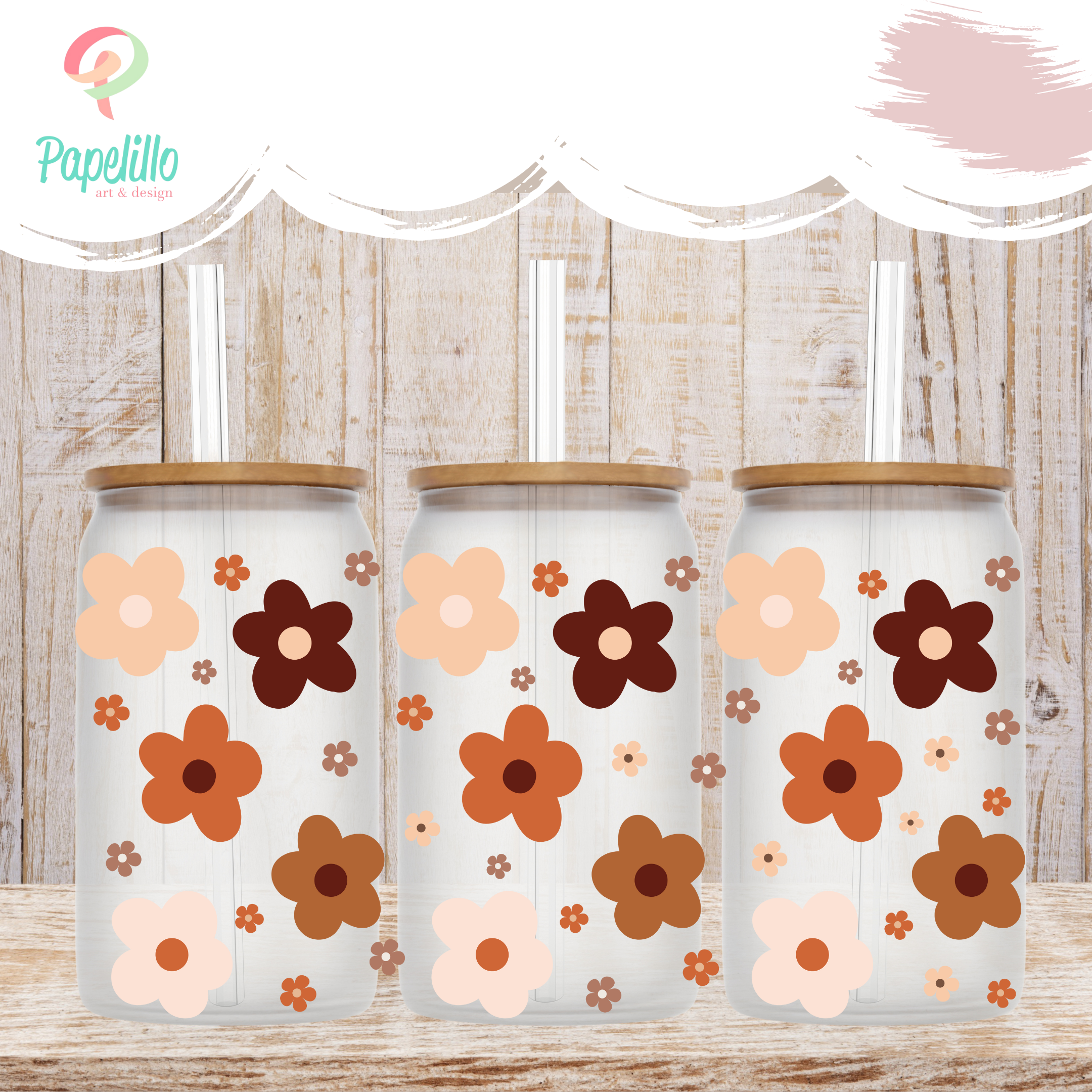 Fall Floral Glass Coffee Cup, Fall Glass Iced Coffee Cup with Bamboo L –  Papelillo Art Design